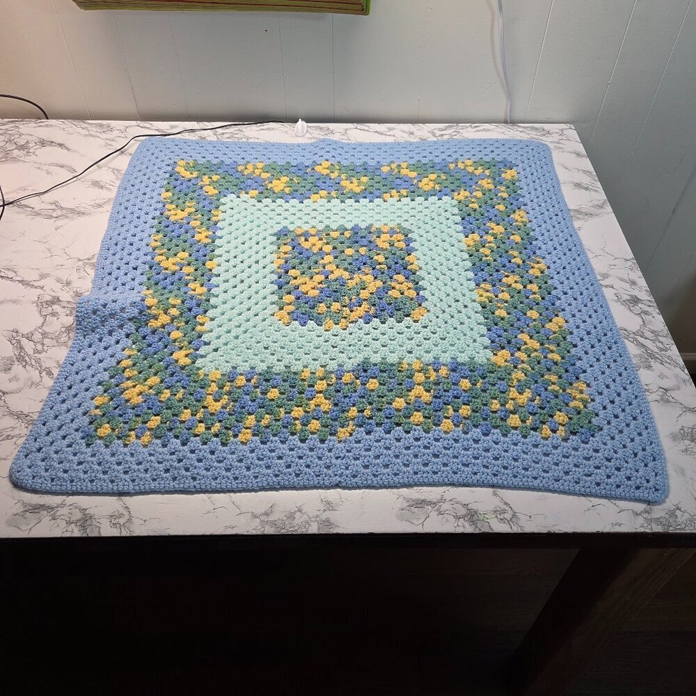 Handmade Blue Yellow Crocheted Granny Patch Baby Blanket Throw